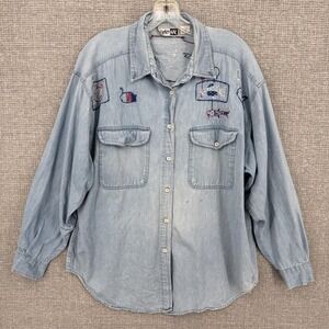 Crazy Kat Button-Up Womens L Blue Tunic Embroidered Pockets Lightweight Casual‎